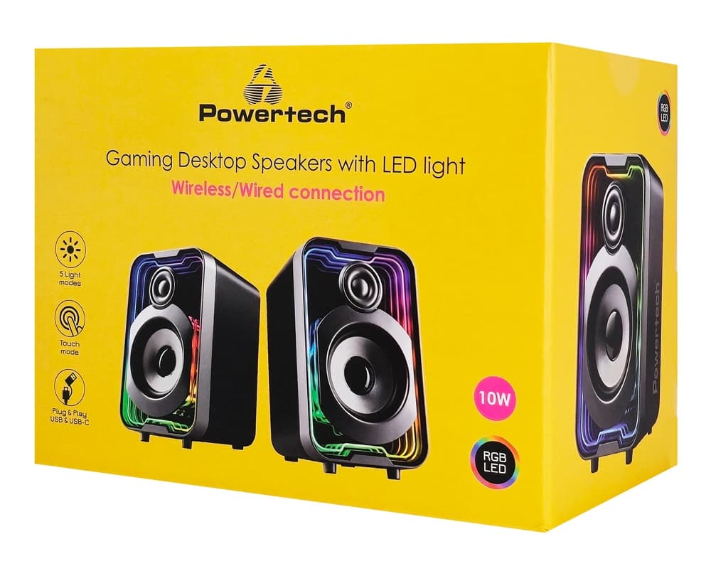 POWERTECH ηχεία PT-1575 με RGB φωτισμό, 2x 5W, Bluetooth & USB/USB-C, μαύρα 4