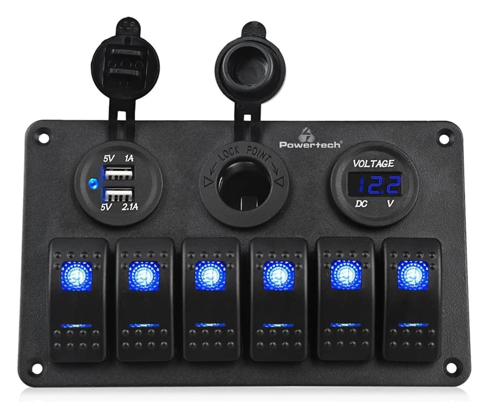 POWERTECH πάνελ σκαφών & οχημάτων PTL-020, πρίζα 12V/2x USB/6x διακόπτες