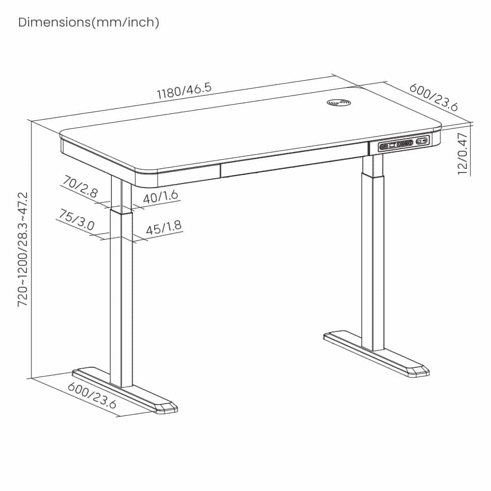BRATECK ηλεκτρικό γραφείο S08-22DSWW με συρτάρι, 118x60x72~120cm, μαύρο 8