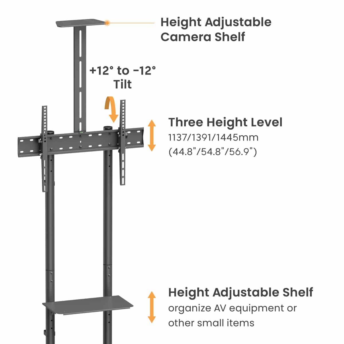 BRATECK βάση τηλεόρασης δαπέδου T1042T, 37-70", έως 45kg, με ράφια & ροδάκια 3