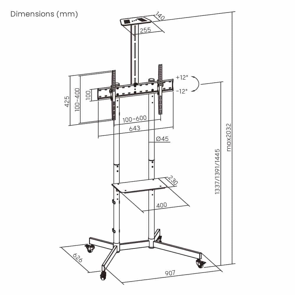 BRATECK βάση τηλεόρασης δαπέδου T1042T, 37-70", έως 45kg, με ράφια & ροδάκια 7