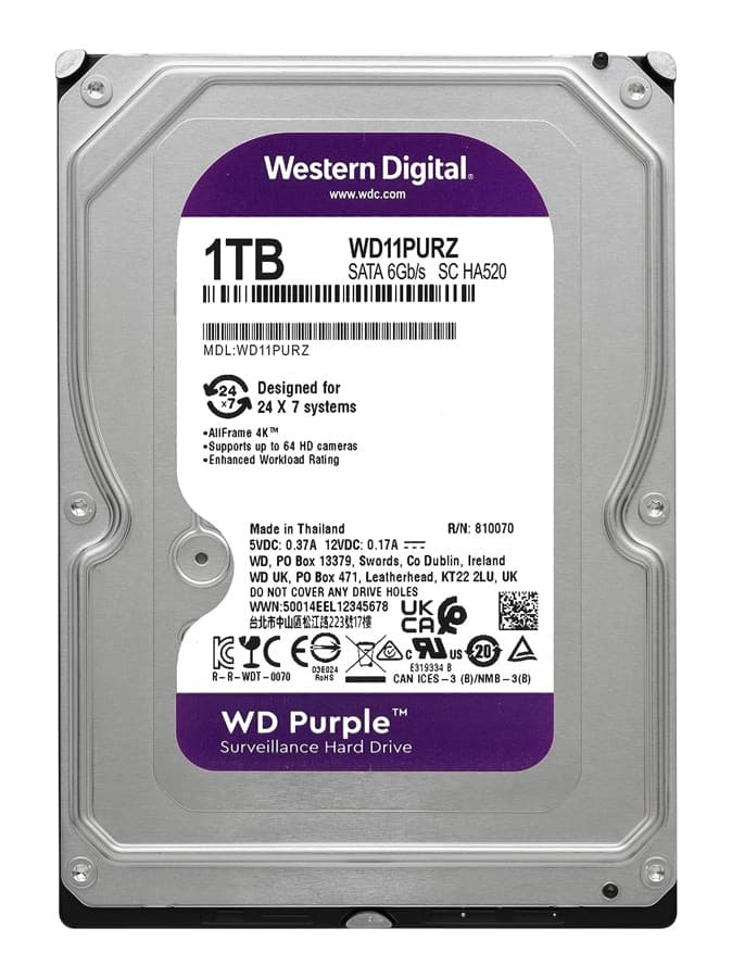 WD σκληρός δίσκος 3.5" Purple Surveillance 1TB, 256MB, 5400RPM, SATA III