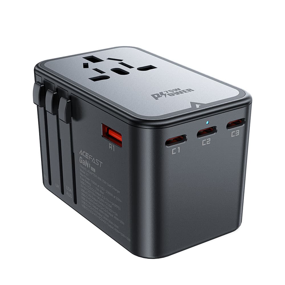 Acefast Z1 GaN 75W PD travel charger adapter 3x USB-C 2x USB-A - Μαύρο