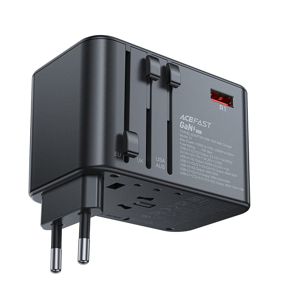 Acefast Z1 GaN 75W PD travel charger adapter 3x USB-C 2x USB-A - Μαύρο 3