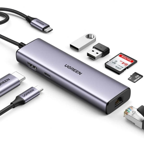 Ugreen CM512 90568 προσαρμογέας USB-C - 2x USB-A 3.0 / HDMI / RJ45 / card reader SD και TF / USB-C PD 100W - γκρι