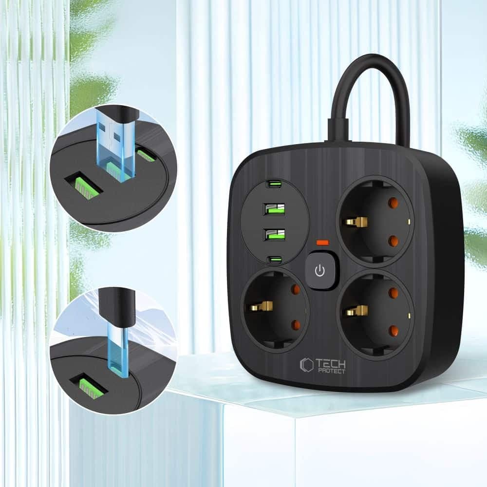 TECH-PROTECT PCS3X4 ΤΡΟΦΟΔΟΤΙΚΟ 2 USB & 2 TYPE-C & 3 ΠΡΙΖΕΣ 200CM ΜΑΥΡΟ 3