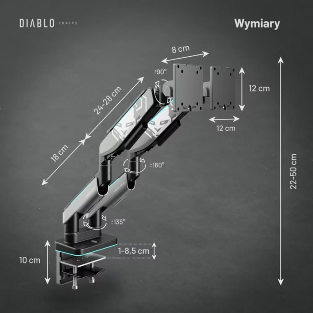 Βάση διπλής οθόνης Diablo RGB X-Arm 35" σε γκρι και μαύρο χρώμα 9