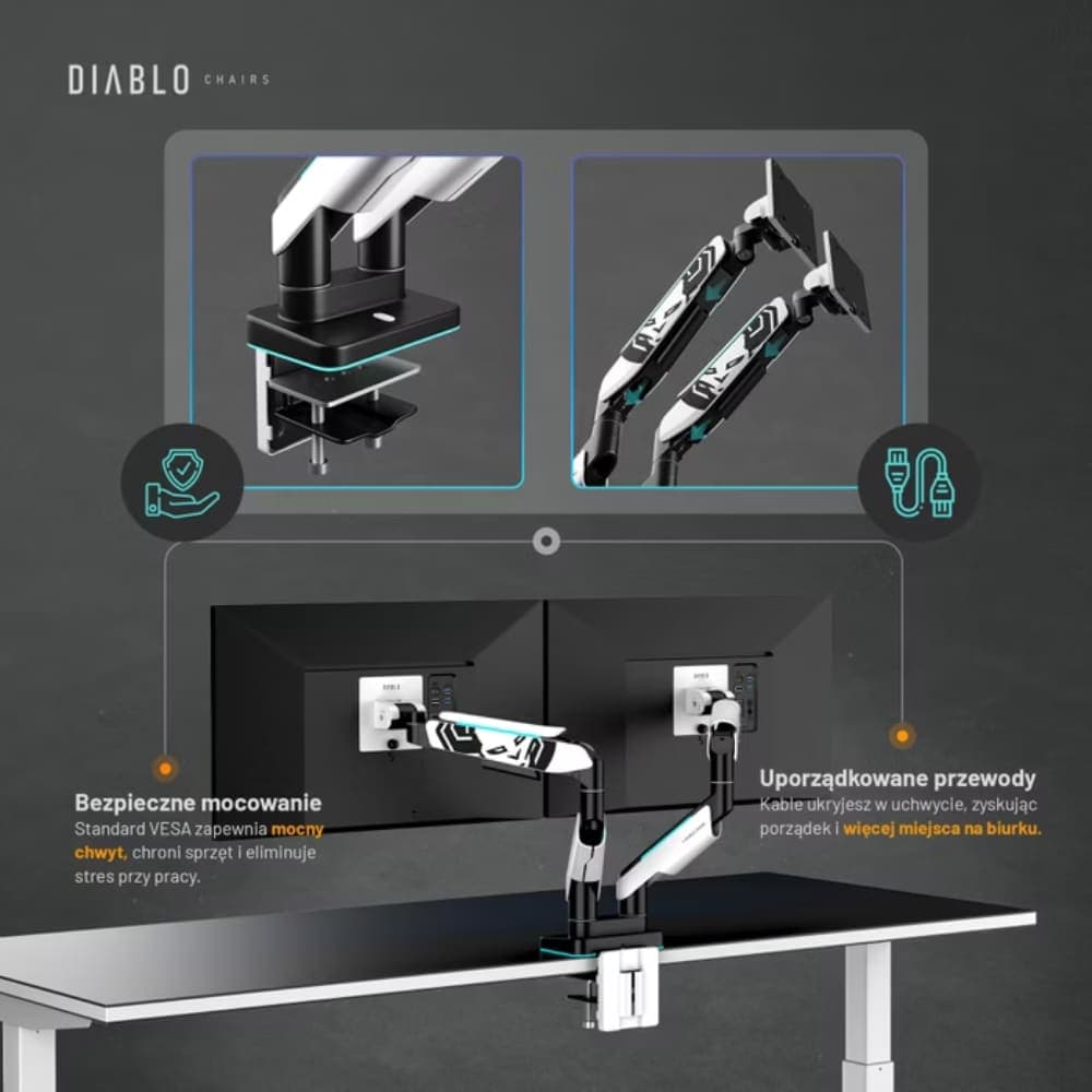 Βάση διπλής οθόνης Diablo RGB X-Arm 35" σε λευκό και μαύρο χρώμα 5