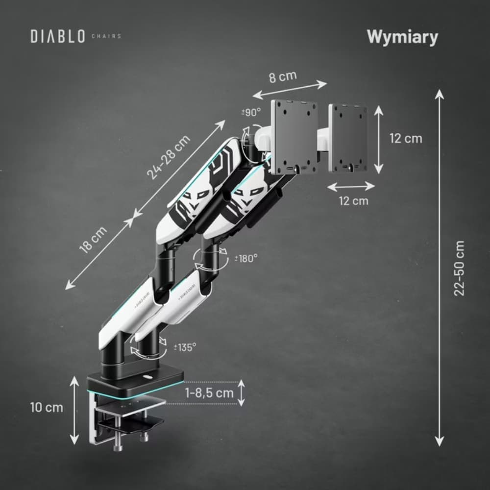 Βάση διπλής οθόνης Diablo RGB X-Arm 35" σε λευκό και μαύρο χρώμα 9