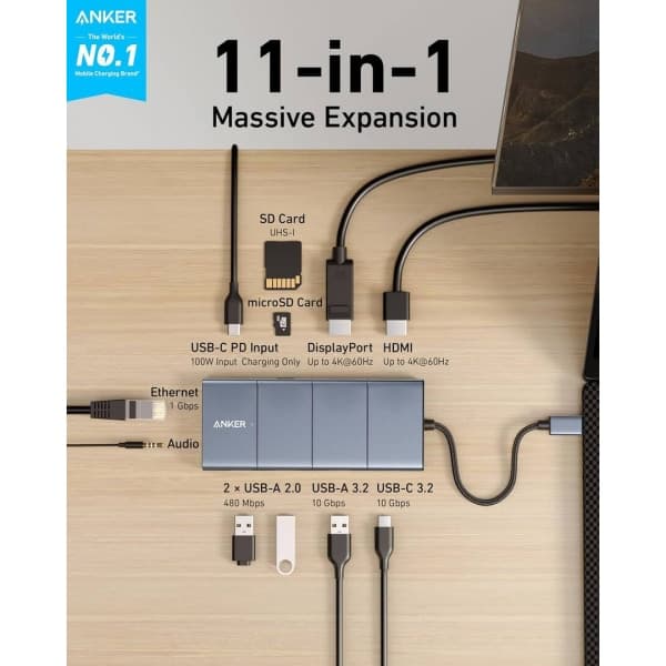 Anker Hub USB-C PowerExpand, 1 x USB-A 3.2 - 2 x USB-A - 2 x USB-C - 1 x Θύρα οθόνης - 1 x HDMI - 1 x Υποδοχή 3.5mm - 1 x RJ45 - 1 x SD - 1 x microSD, Γκρι 5