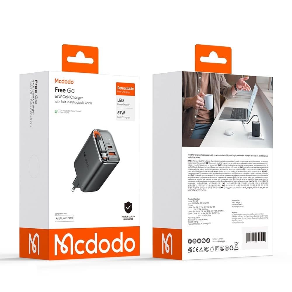 Mcdodo CH-4100 Φορτιστής Τοίχου FreeGo Series, Ενσωματωμένο Καλώδιο USB-C με Δυνατότητα Αναδίπλωσης, USB-A/C, 67W, Ψηφιακή Οθόνη, 65cm, Μαύρος 7