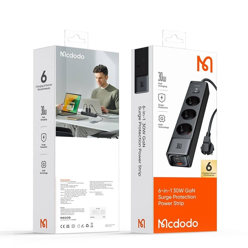 Mcdodo CH-0620 Καλώδιο Επέκτασης 6 Σε 1 Super Cube Series, Σούκο, 2x Type-C, USB-A, 30W, Τεχνολογία GaN, Μαύρο 7