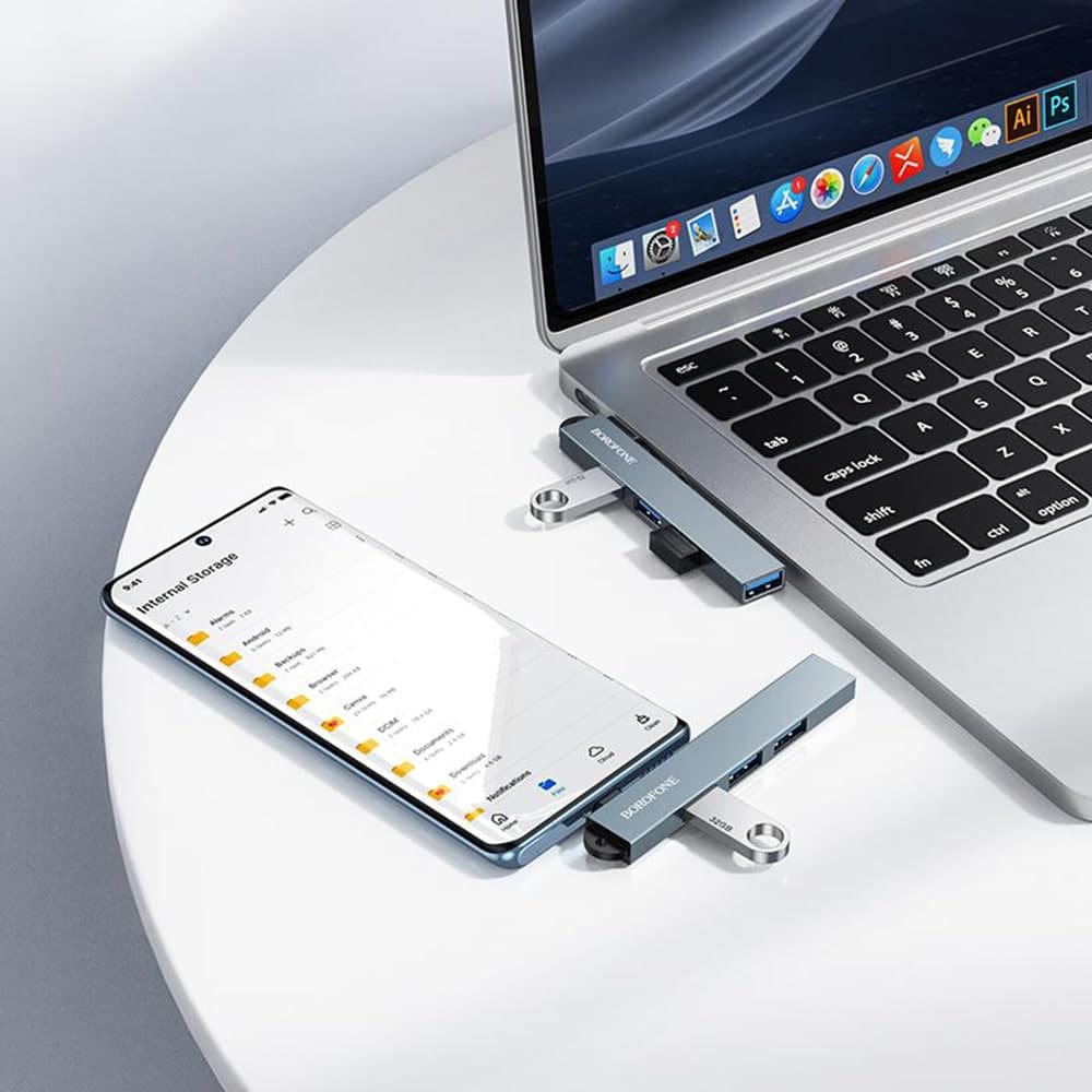 Borofone FH1A Hub 4in1 Type-C σε 3x USB 2.0, 1x USB 3.0, Κράμα Αλουμινίου, Plug & Play, έως 5Gbps, Μεταλλικό Γκρι 5