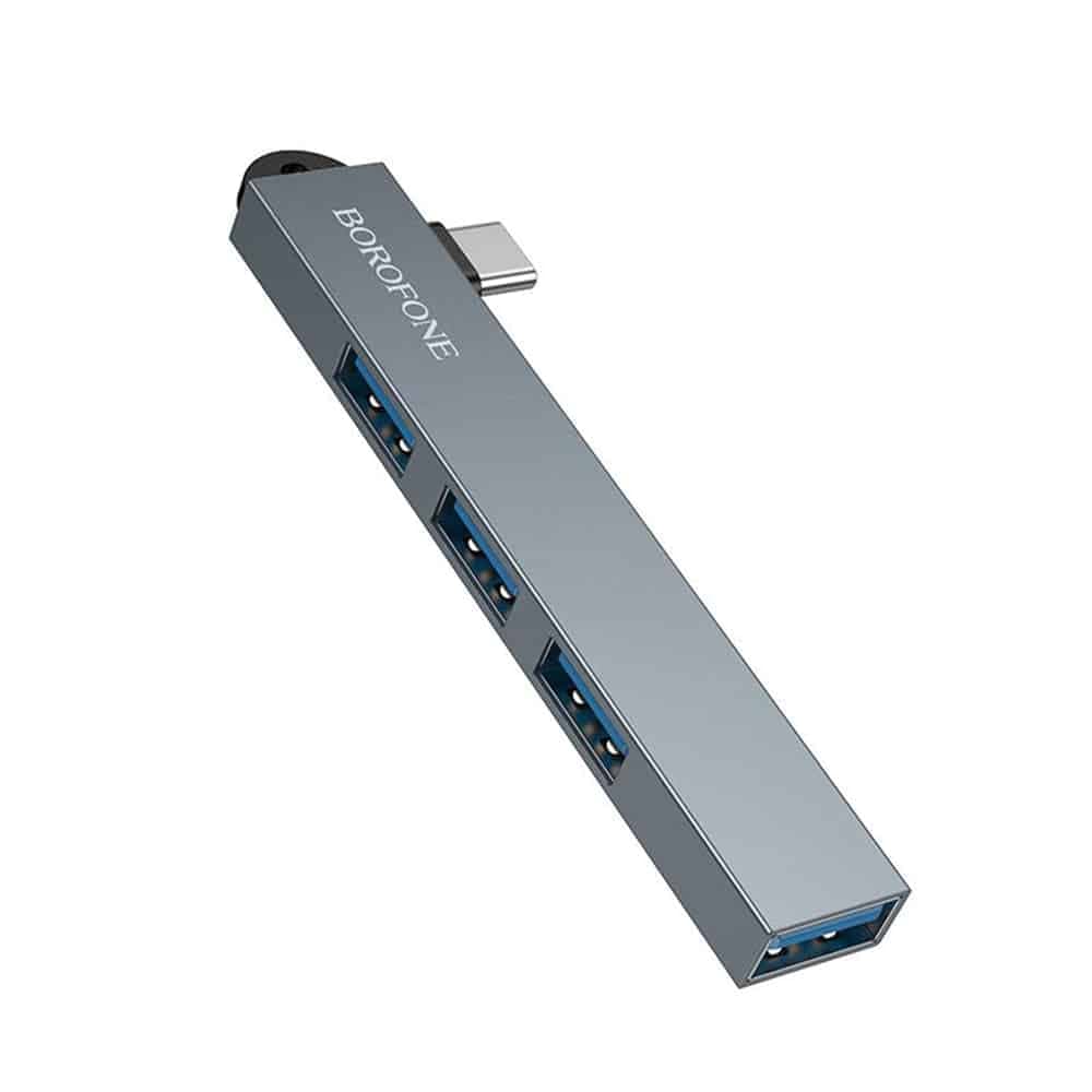Borofone FH1A Hub 4in1 Type-C σε 3x USB 2.0, 1x USB 3.0, Κράμα Αλουμινίου, Plug & Play, έως 5Gbps, Μεταλλικό Γκρι