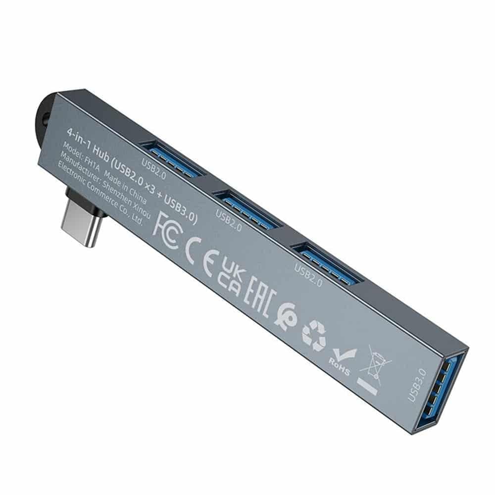 Borofone FH1A Hub 4in1 Type-C σε 3x USB 2.0, 1x USB 3.0, Κράμα Αλουμινίου, Plug & Play, έως 5Gbps, Μεταλλικό Γκρι 3