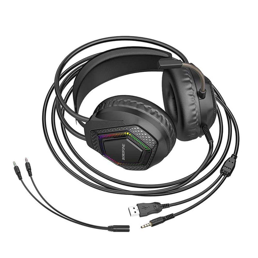 Borofone BO105 Ενσύρματα Ακουστικά Παιχνιδιών Thunder Over-Ear, Οδηγοί 50mm, Μικρόφωνο, USB + 3.5mm, Φωτισμός LED, Μαύρο 4