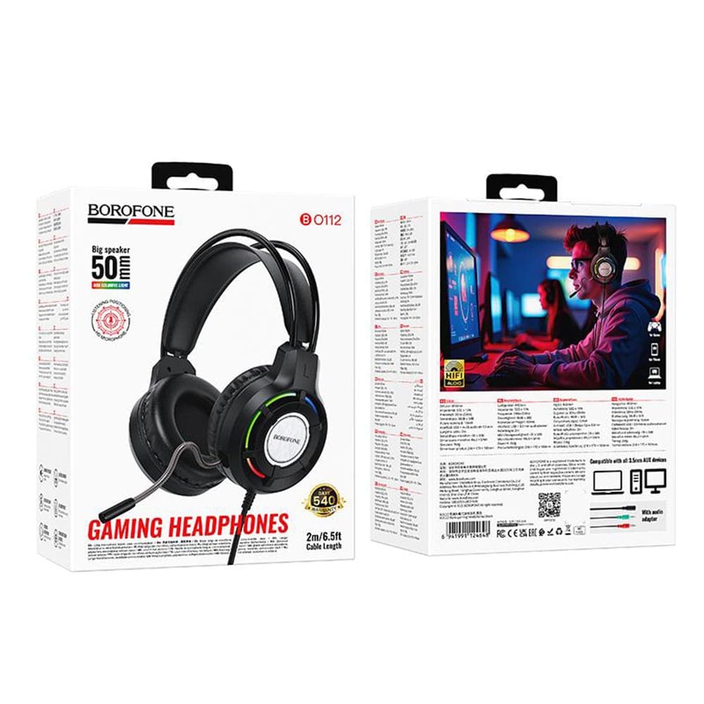Borofone BO112 Ενσύρματα Ακουστικά Gaming Over-Ear, 50mm Οδηγοί, Μικρόφωνο, USB + 3.5mm, Φωτισμός LED, Μαύρο 7