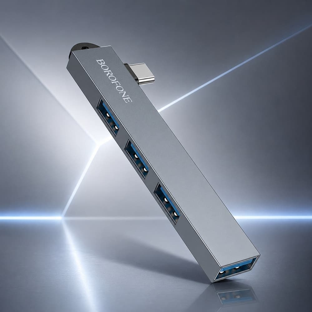 Borofone FH1A Hub 4in1 Type-C σε 3x USB 2.0, 1x USB 3.0, Κράμα Αλουμινίου, Plug & Play, έως 5Gbps, Μεταλλικό Γκρι 6