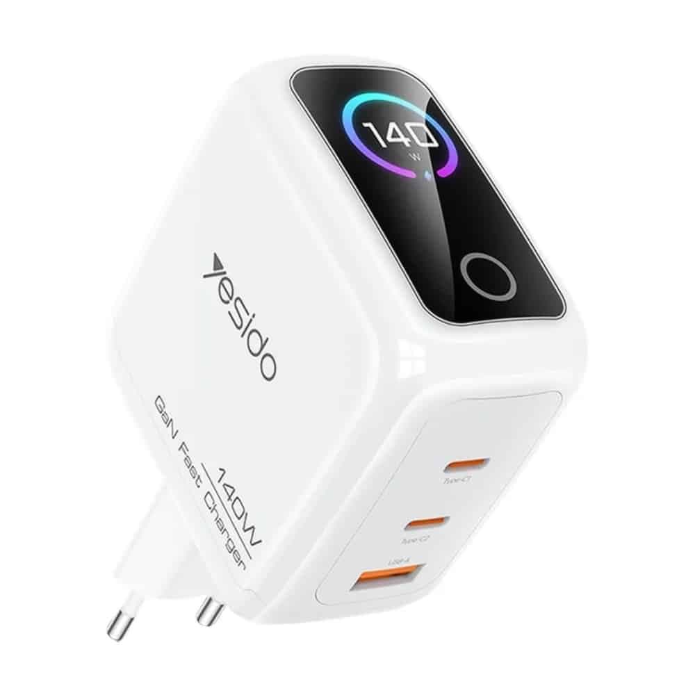 Yesido YC114 Φορτιστής Τοίχου, 140W, Με Οθόνη TFT, 2x Type-C, USB, GaN, Γρήγορη Φόρτιση, Λευκό