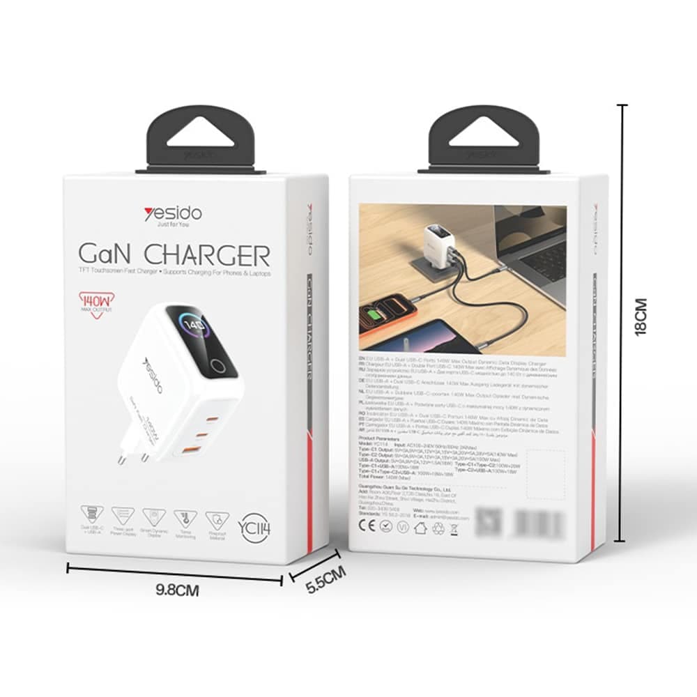 Yesido YC114 Φορτιστής Τοίχου, 140W, Με Οθόνη TFT, 2x Type-C, USB, GaN, Γρήγορη Φόρτιση, Λευκό 7