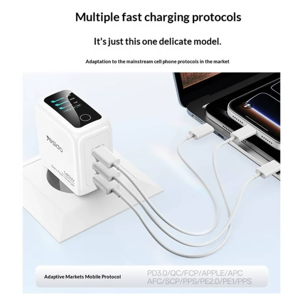 Yesido YC114 Φορτιστής Τοίχου, 140W, Με Οθόνη TFT, 2x Type-C, USB, GaN, Γρήγορη Φόρτιση, Λευκό 2