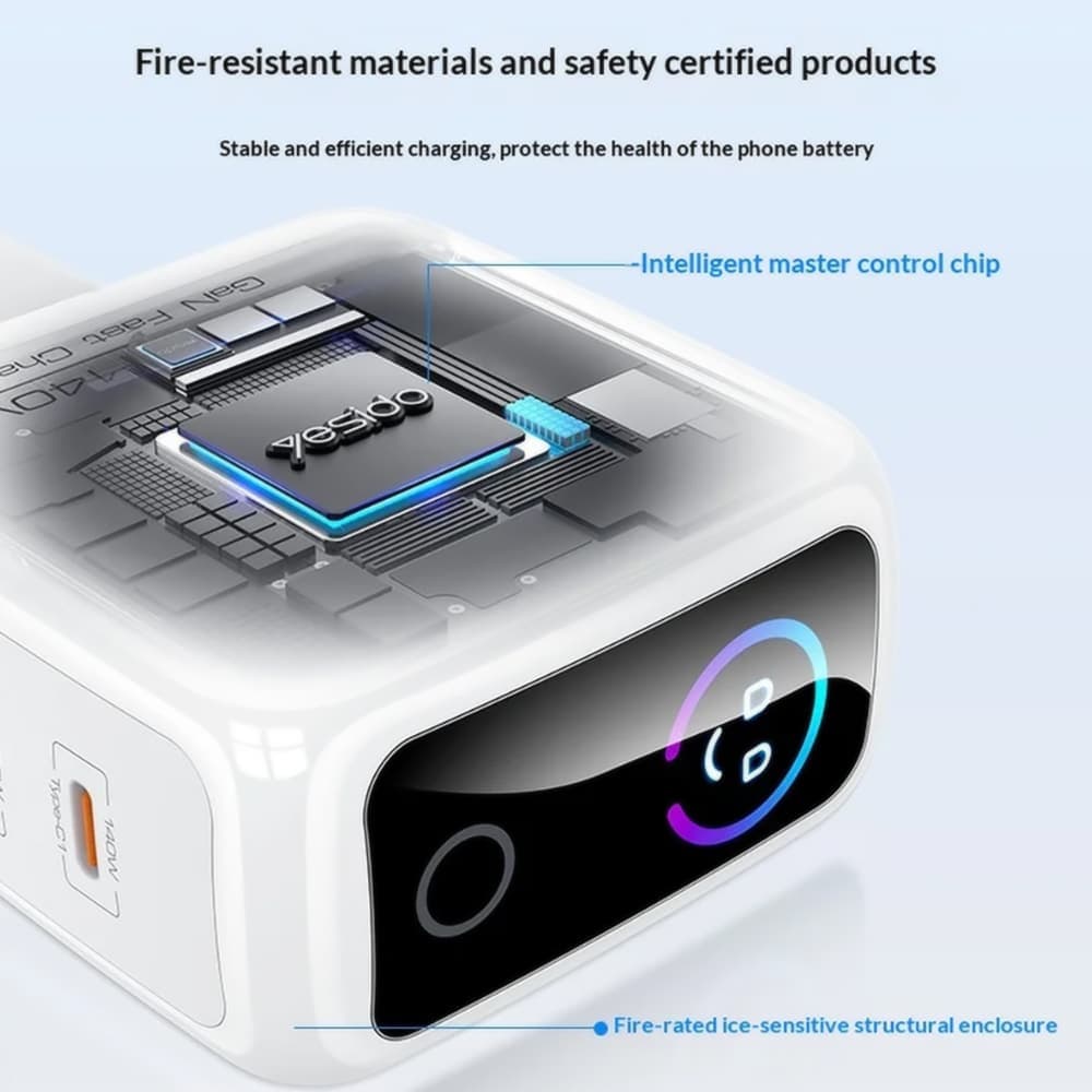 Yesido YC114 Φορτιστής Τοίχου, 140W, Με Οθόνη TFT, 2x Type-C, USB, GaN, Γρήγορη Φόρτιση, Λευκό 3