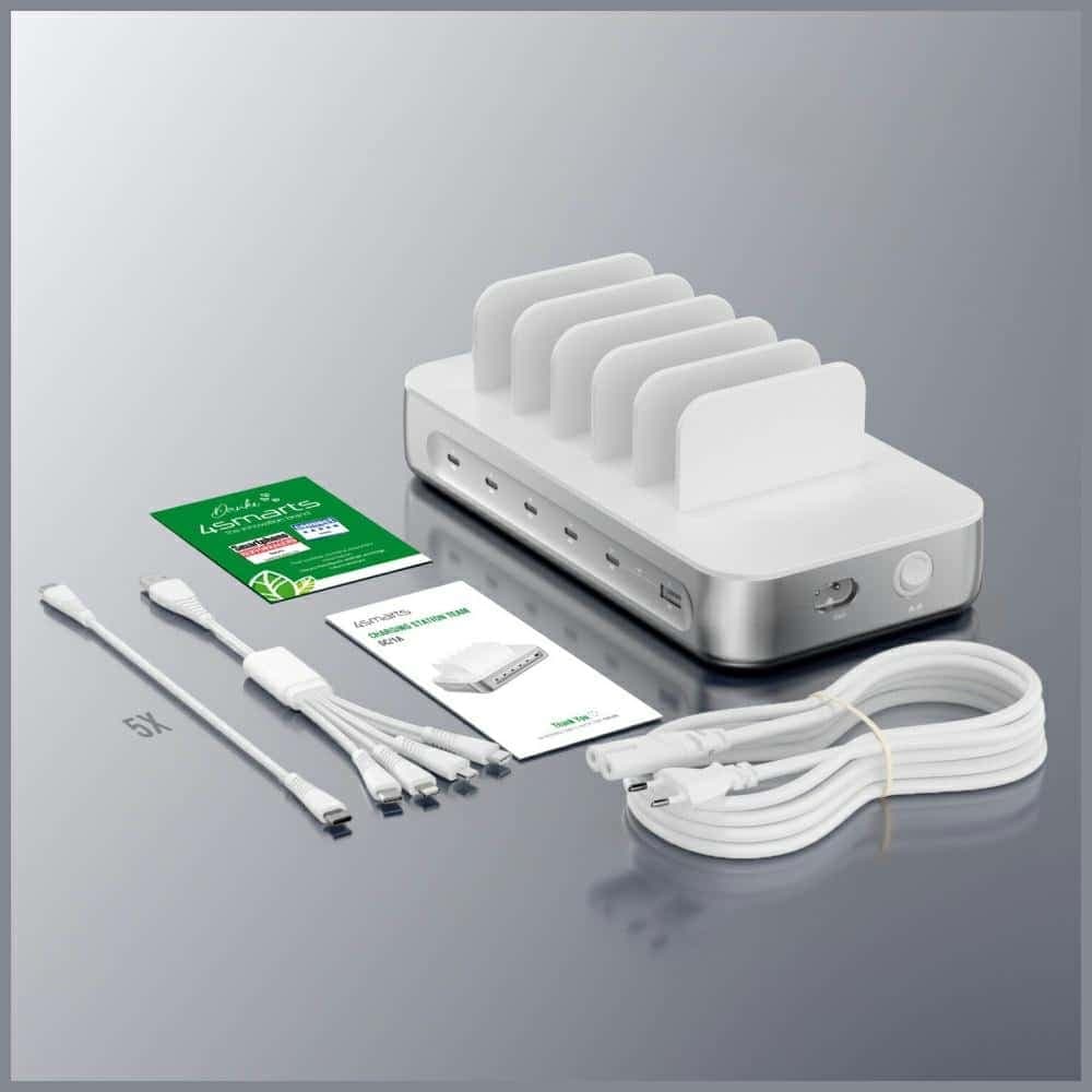 Σταθμός φόρτισης 4smarts Team 100W 5xUSB-C με σετ 6 καλωδίων ασημί 9