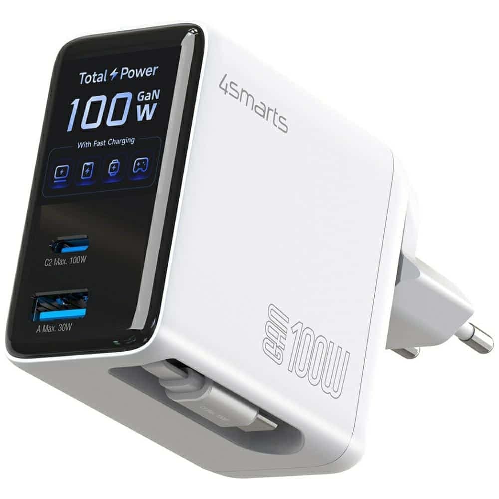 Φορτιστής τοίχου 4smarts GaN Flex Screen AI 100W 2xUSB-C + USB-A, λευκό