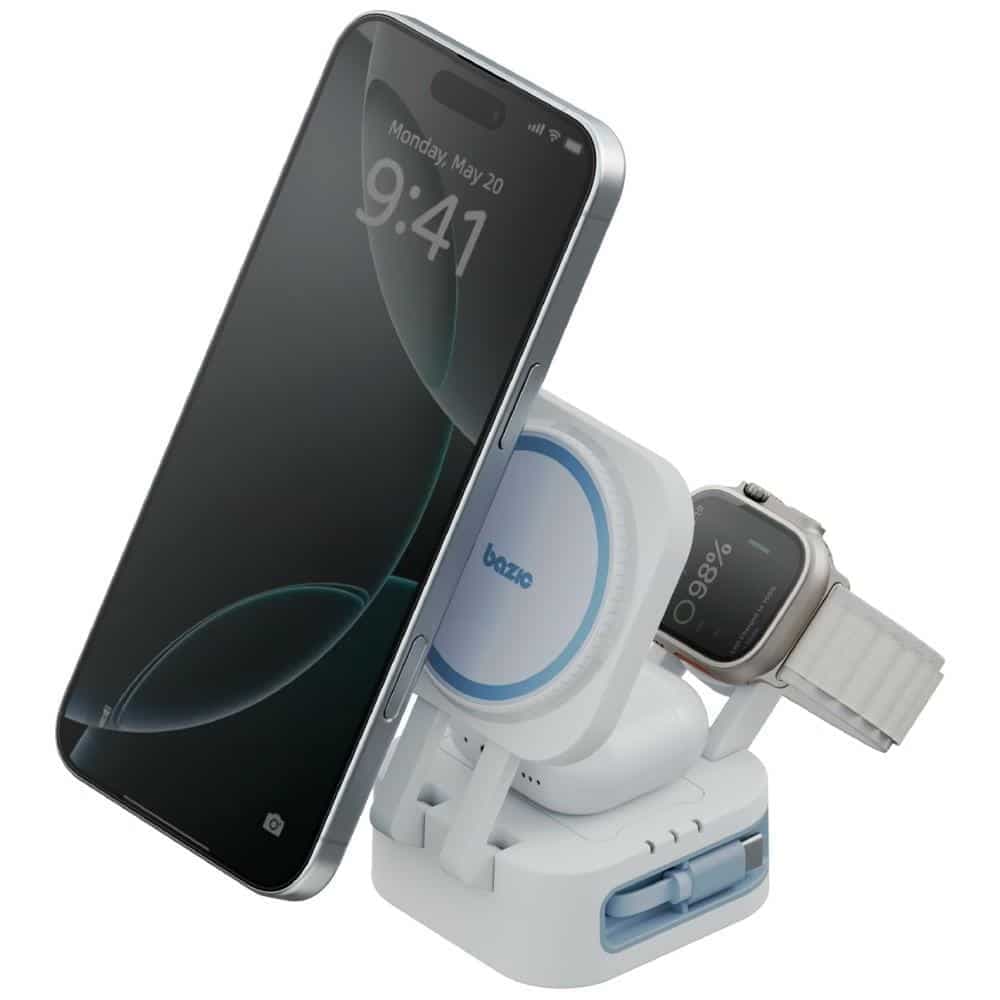 Ασύρματος φορτιστής Bazic GoMag Station Mini 3-σε-1 MagSafe Πτυσσόμενος με ενσωματωμένο καλώδιο USB-C Λευκό