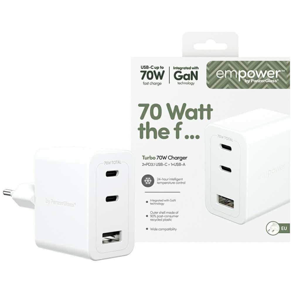 Φορτιστής τοίχου Empower by PanzerGlass Turbo 70W 2x USB-C USB-A Ασημί-Λευκό