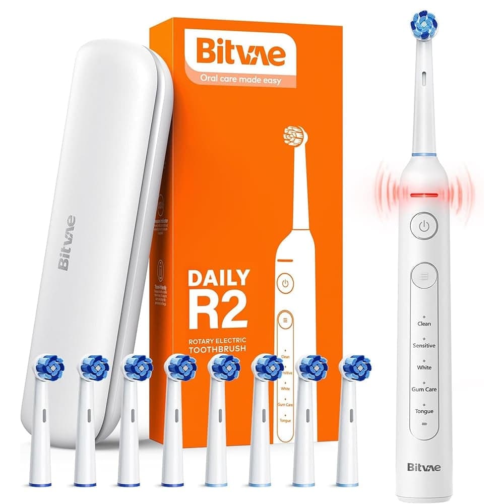 Bitvae BVR2 Ηλεκτρική Οδοντόβουρτσα, 8 Κεφαλές, Έξυπνος Χρονοδιακόπτης, Αισθητήρας Πίεσης, Θήκη Ταξιδιού, 5 Λειτουργίες, Επαναφορτιζόμενη, Λευκή