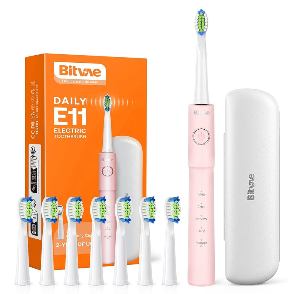 Bitvae E11 Ηλεκτρική Οδοντόβουρτσα, Υπερηχητική, 8 Κεφαλές, Θήκη Μεταφοράς, Ροζ