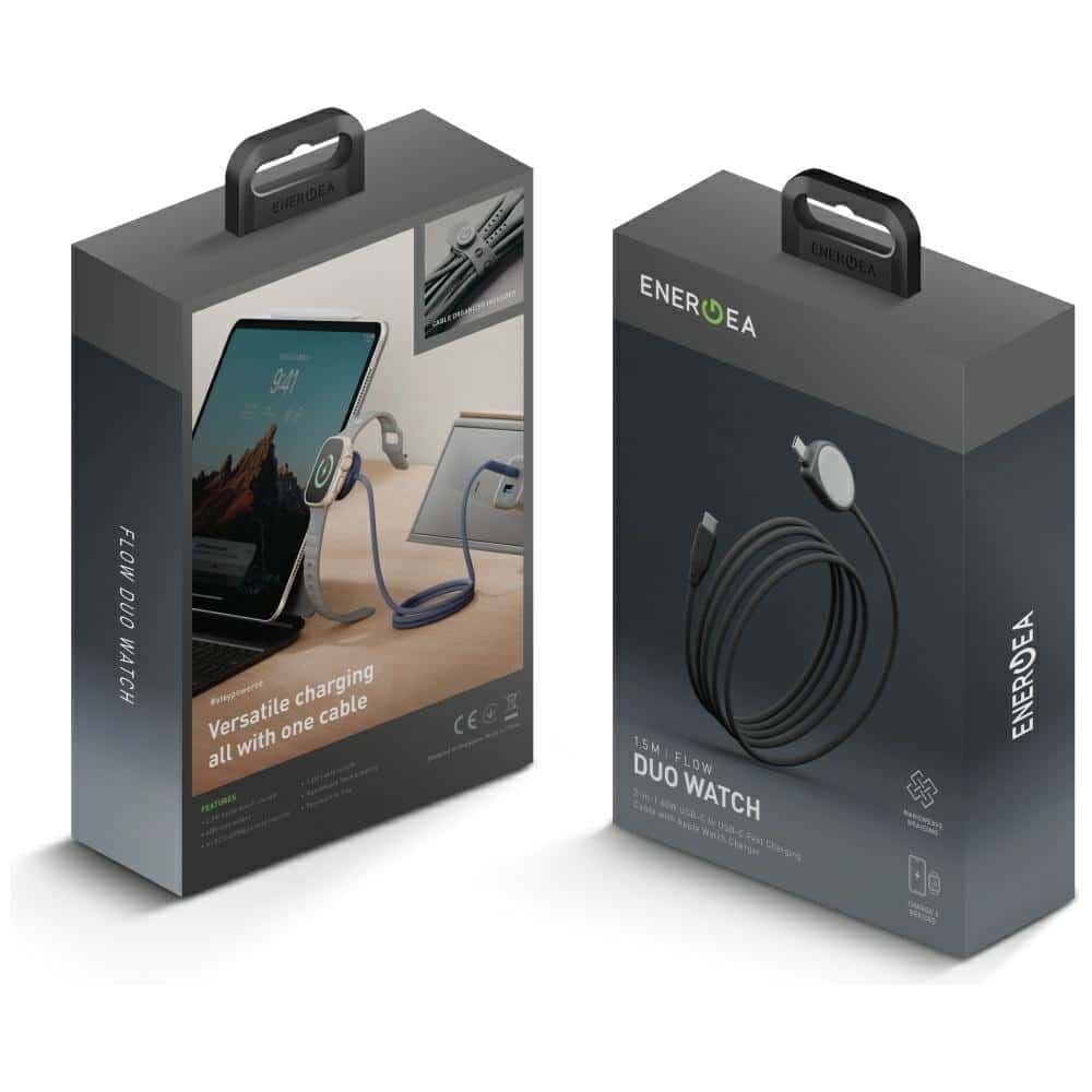 Energea Flow Duo Watch Καλώδιο 2-σε-1 USB-C σε USB-C + Φορτιστής Apple Watch 60W 1.5m, Μαύρο 5