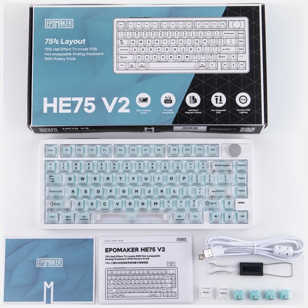 Epomaker HE75 V2 Μηχανικό Πληκτρολόγιο, Jade HE Switch, Λευκό-Κρεμ 14