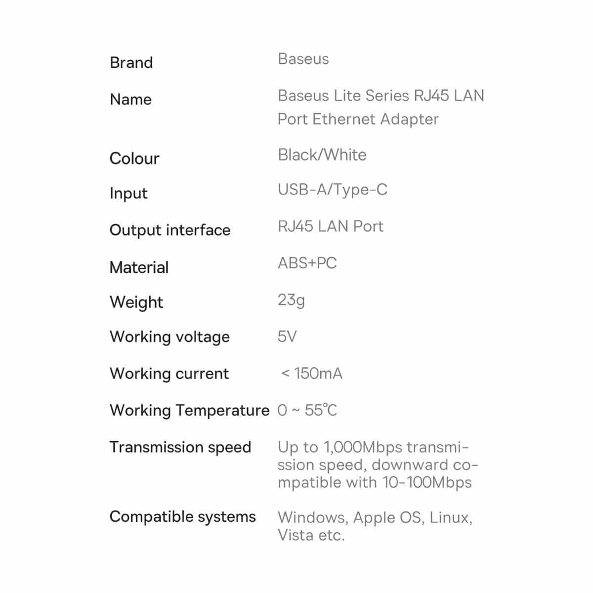 Baseus Lite Series external network card USB-A - RJ-45 1Gbps (1000Mbps) black (WKQX000101) 18