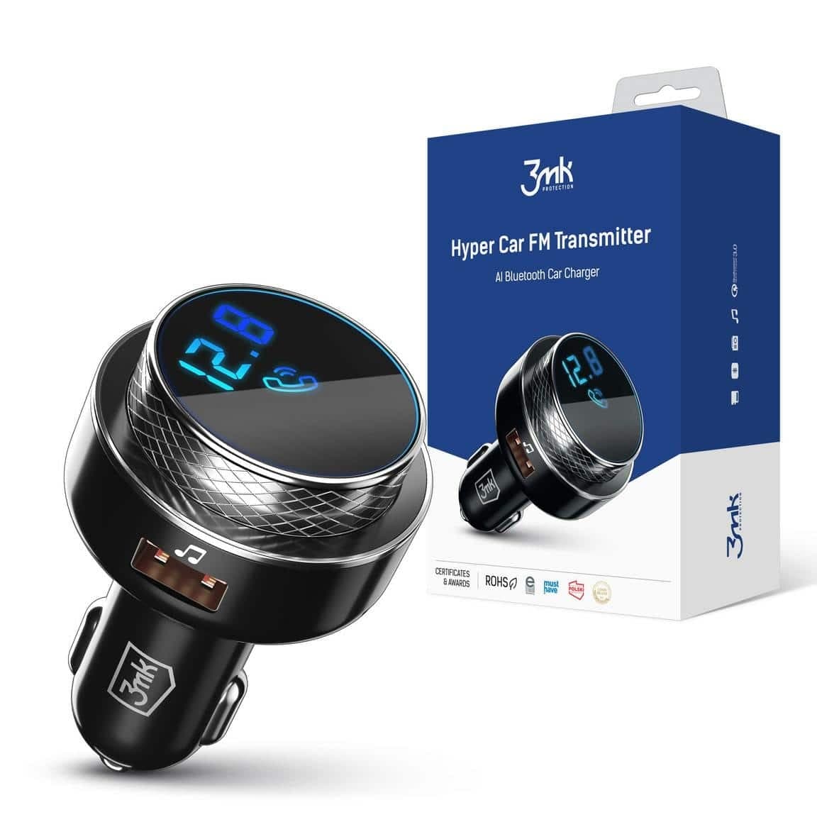 3MK HyperCar φορτιστής Transmiter FM + φορτιστής αυτοκινήτου - 2xUSB-A + 1 αναγνώστης καρτών TF + Bluetooth