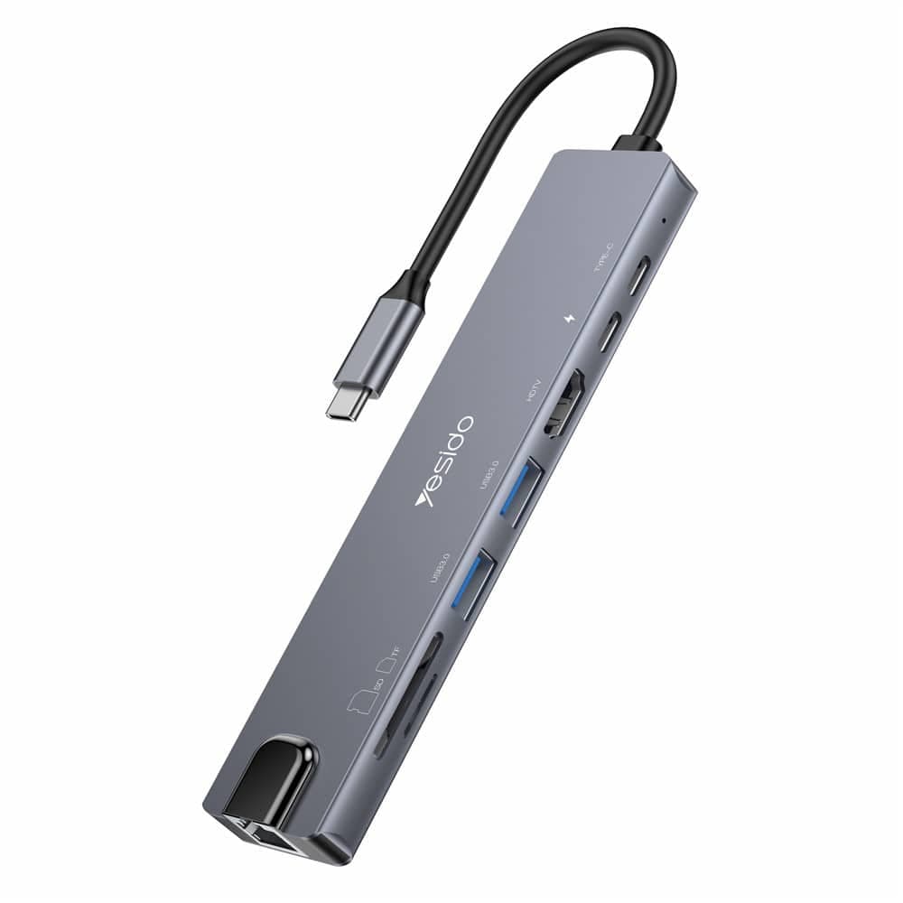 Yesido - Docking Station 8in1 (hb27) - Type-C To 2x USB, 2x USB-C, Hdmi, Rj45, Tf/sd, Pd100w, Fast Charge, 4k@30hz - Gray