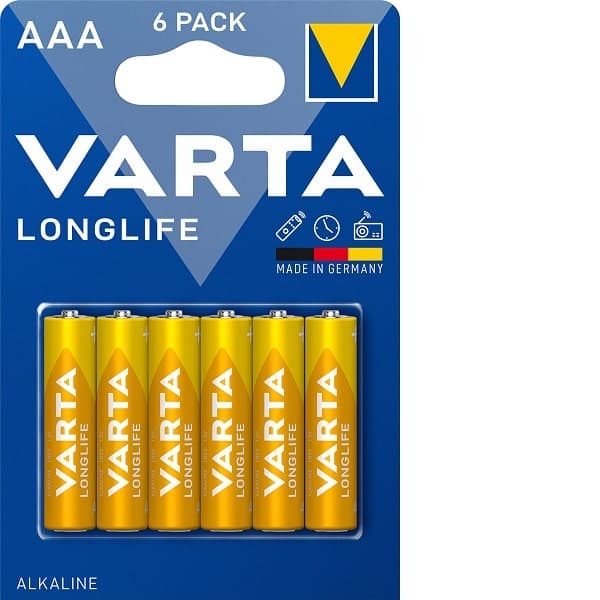Αλκαλικές μπαταρίες Varta Longlife, AAA / LR3, 1.5V, συσκευασία των 6