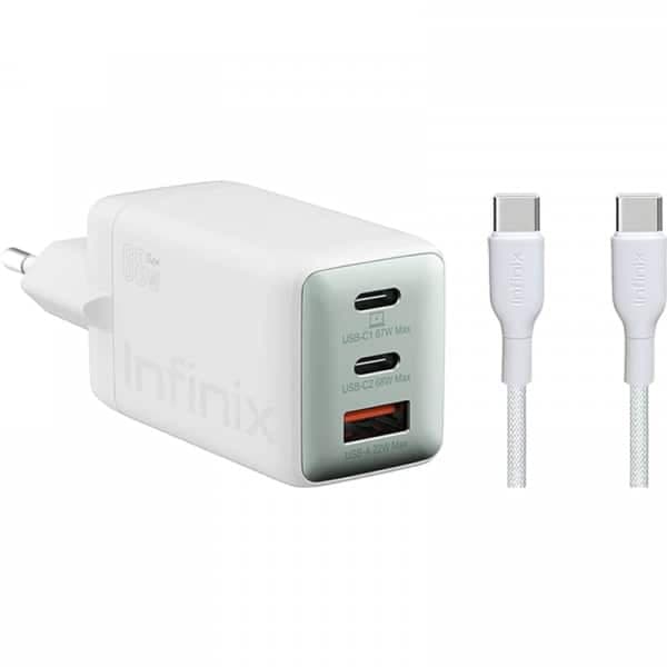 Φορτιστής τοίχου Infinix XC07868EU + XDC95, 68W, 6.2A, 1 x USB-A - 2 x USB-C, με καλώδιο USB-C, Λευκό