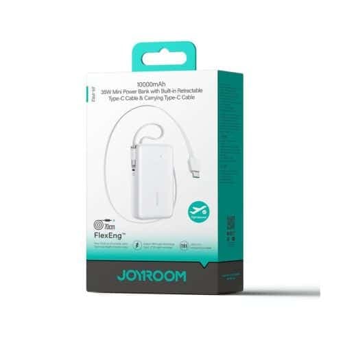Joyroom Power Bank με Ψηφιακή Οθόνη, C+U+U, PD 35W, 10000 mAh με Ενσωματωμένο Ανασυρόμενο Καλώδιο Typle-C και Lightning (0,7m) Λευκό (JR-PR2)